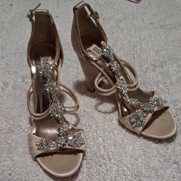 Badgley Mischka Shoes - Badgley Mischka Champagne Satin Crystal T-Strap Heels